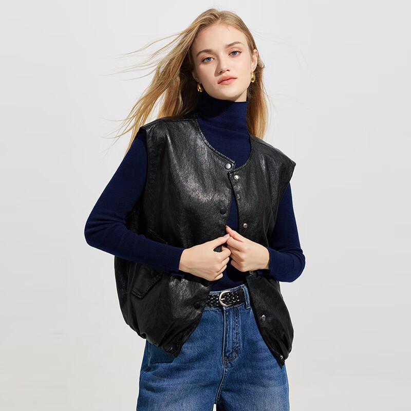 Tatu Women's Faux Leather Round Neck Vest