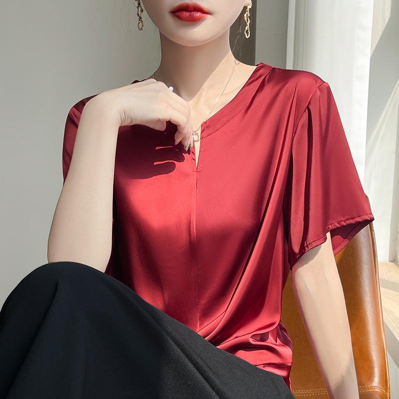 

Летняя футболка с V-образным вырезом и коротким рукавом для женщин, однотонная, свободного кроя, стройнящая, стильная, блестящая и элегантная базовая вещь XXXL красный