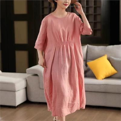 Women Vintage Solid Color Dress O-Neck Half Sleeve Summer Loose Female Fold High Waist Dress