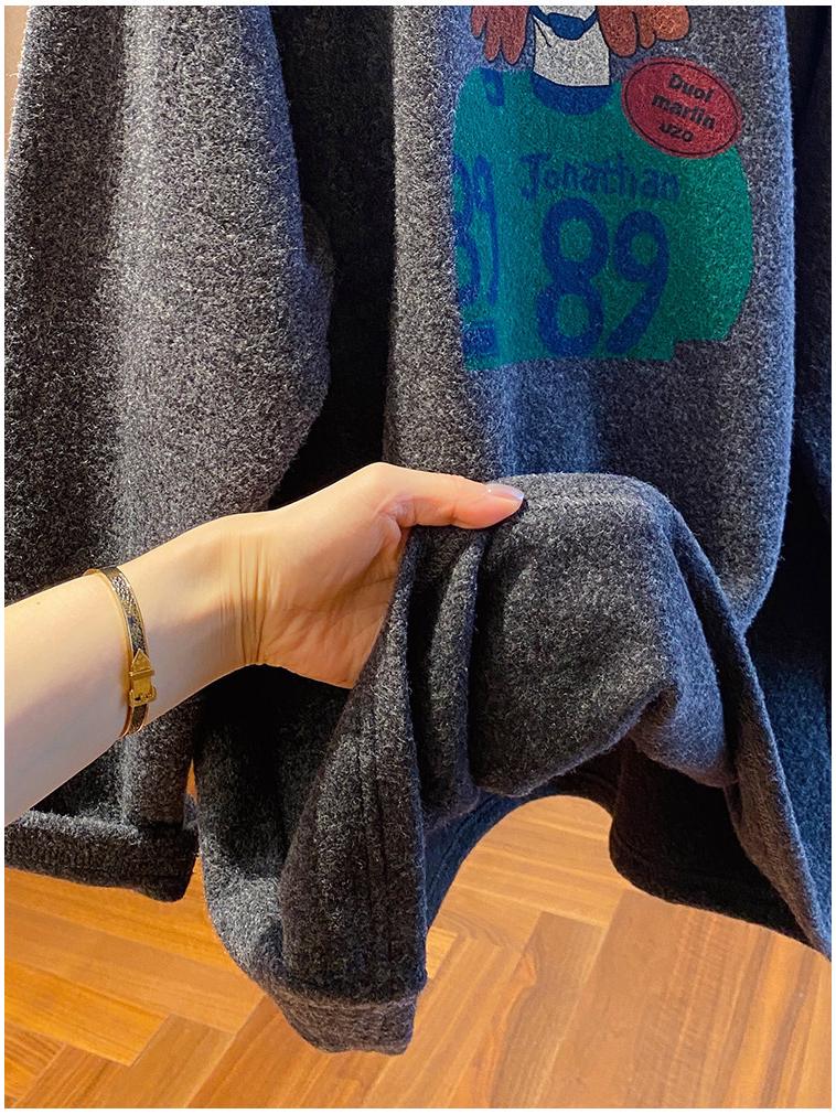 Women's 2025 Cartoon Print Woolen Long Sleeve T-shirt: Loose, Warm, Plus Velvet, Brushed Inner Layer