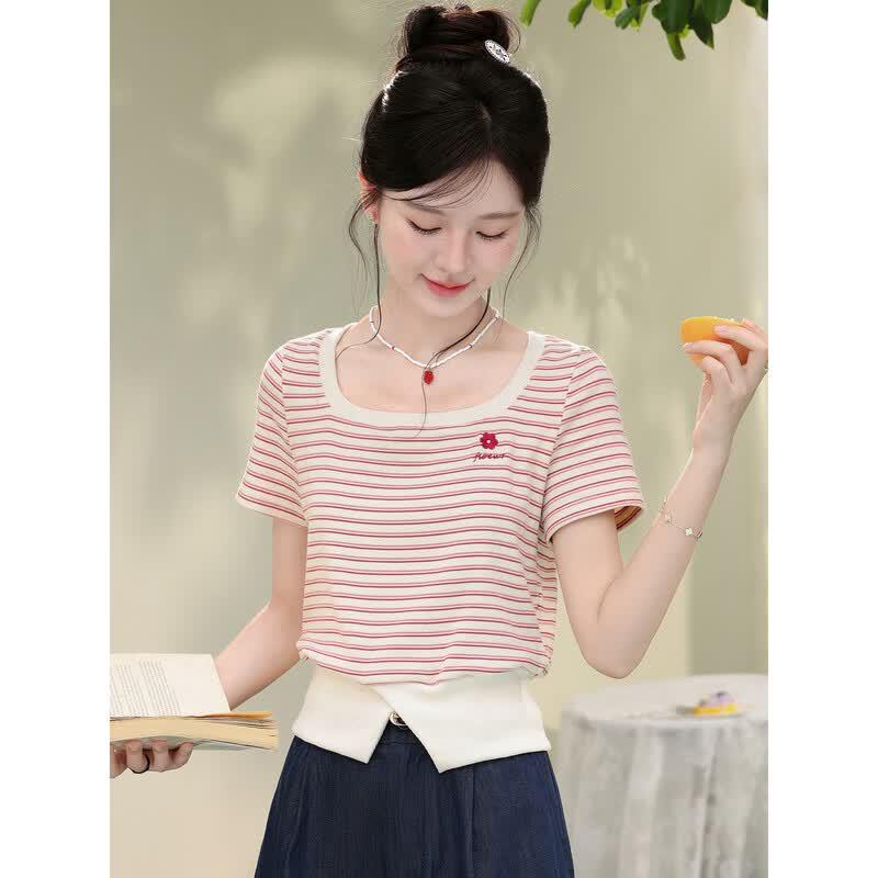 LUXIANGNAN Women s Square Neck Striped Short Sleeve Top S
