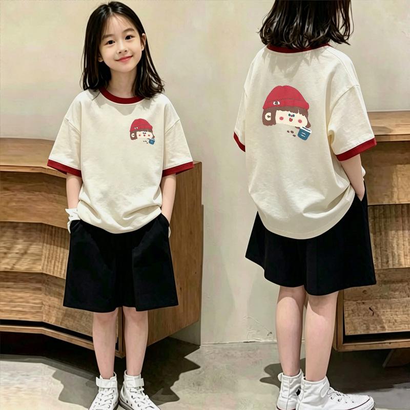 Girls' Stylish Cotton Patchwork Short-Sleeve T-shirt Set for Ages 6-15 - Summer Casual Two-Piece Set