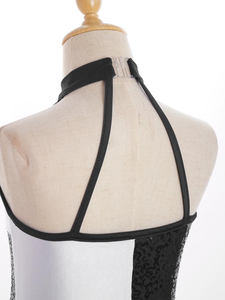 Girls Sparkly Latin Dance Leotard Color Block Shiny Sequins Tassel Halter Sleeveless Performance Costume