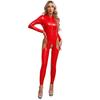Womens Wet Look Catsuit Patent Leather Jumpsuit Long Sleeve Bodysuit Zipper Stand Collar Cutout Crotch Catsuit