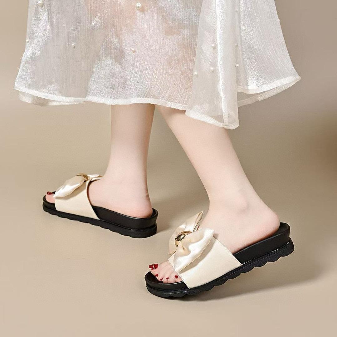 

Шлепанцы на толстой подошве для женщин для ношения летом, шлепанцы на плоской подошве с открытым носком и бантом, удобные для отпуска и ленивого ношения 40 бежевый