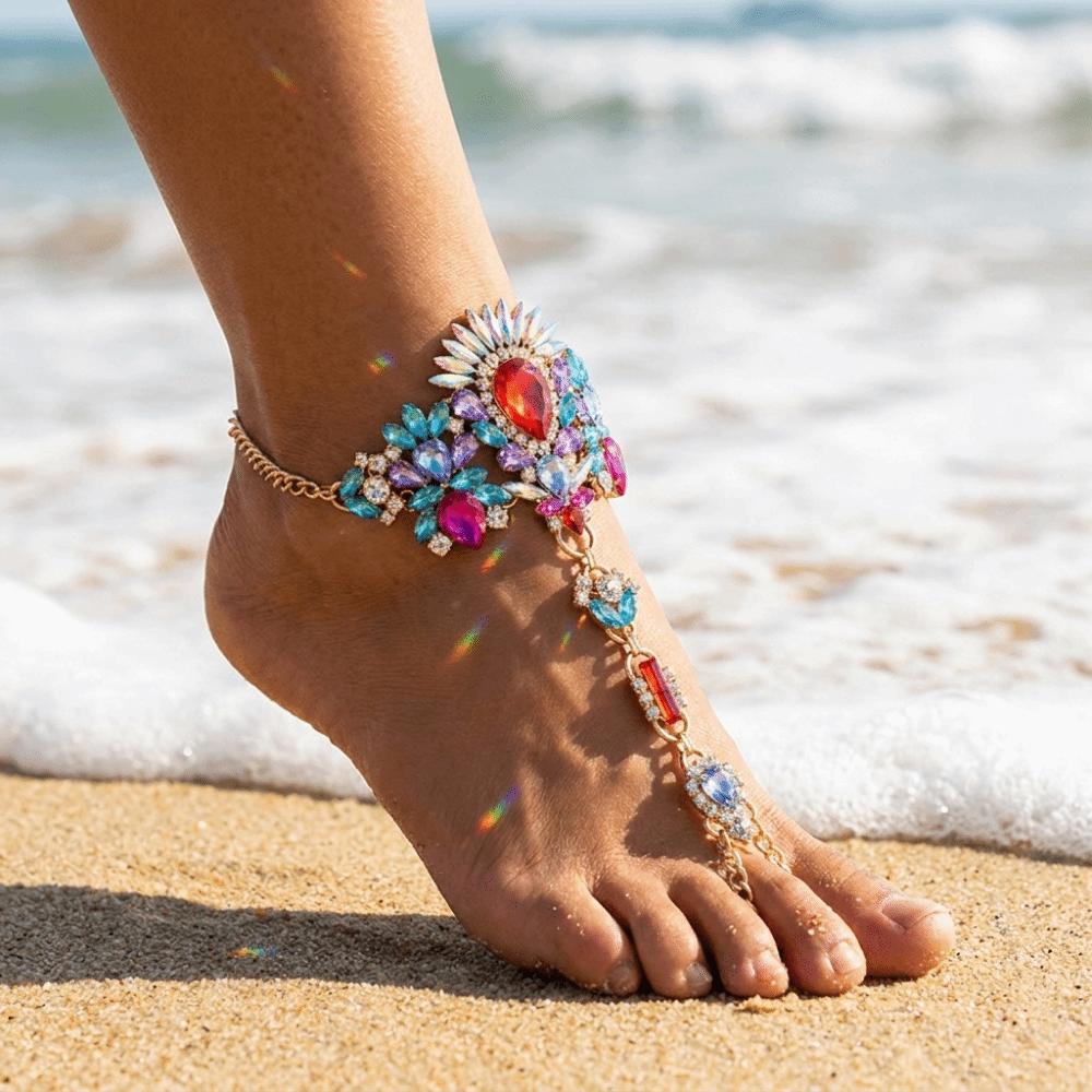 Sparkling Crystal Rhinestone Foot Chain Multi-layer Barefoot Chain Toe Ring Anklet Summer Wear