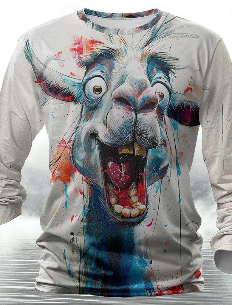 Funny animal design retro men 3D printing street casual daily gray longsleeved round neck shirt spring and autumn clothing
