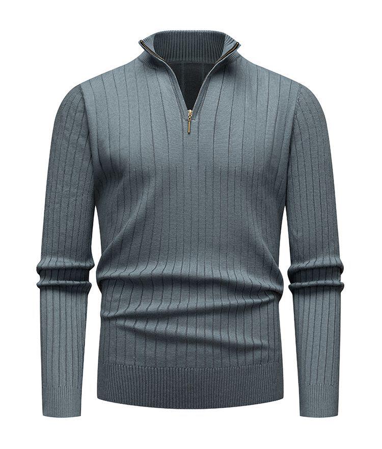 Men's Autumn/Winter Vertical Stripe Half High Collar Zip Knit Sweater