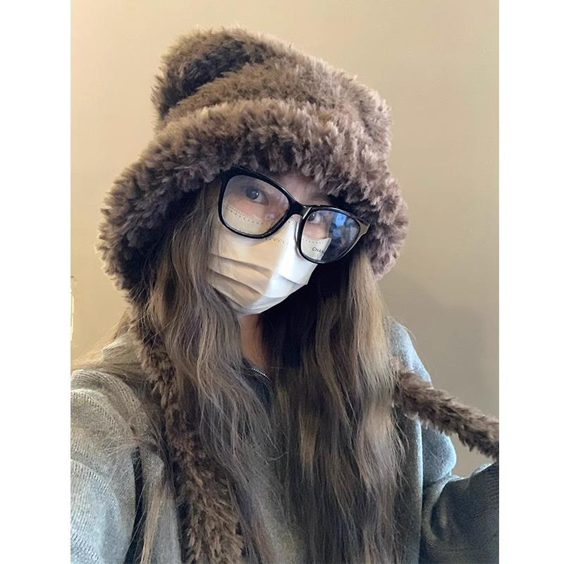 Căciulă caldă de pluș cu urechi de ursuleț și pisică, cu fundă, pentru femei – Protecție pentru urechi de toamnă/iarnă cu design cu față deschisă