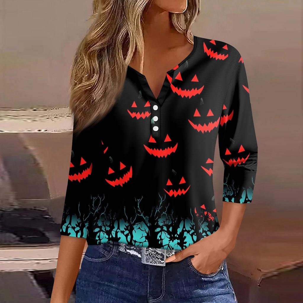 Dames T-shirt Tee Halloween Bedrukt Knoop 3/4 Mouw Tuniek Dagelijks Weekend Mode Basic V-hals Normale Top