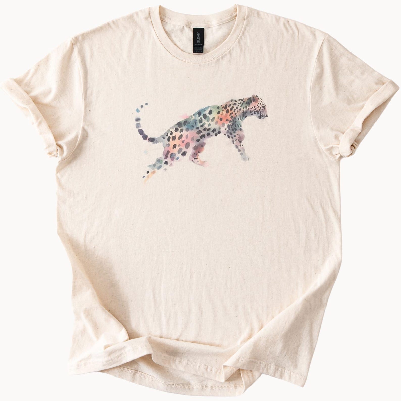 Leopard watercolor print shirt artistic wild animal multicolor casual tee hand painted style graphic cheetah soft neutral cotton top 120
