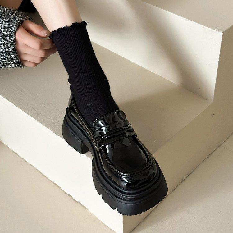 

thick-soled thick heel British style small leather shoes women s spring 2025 new one-foot women s shoes single shoes black loafers 40