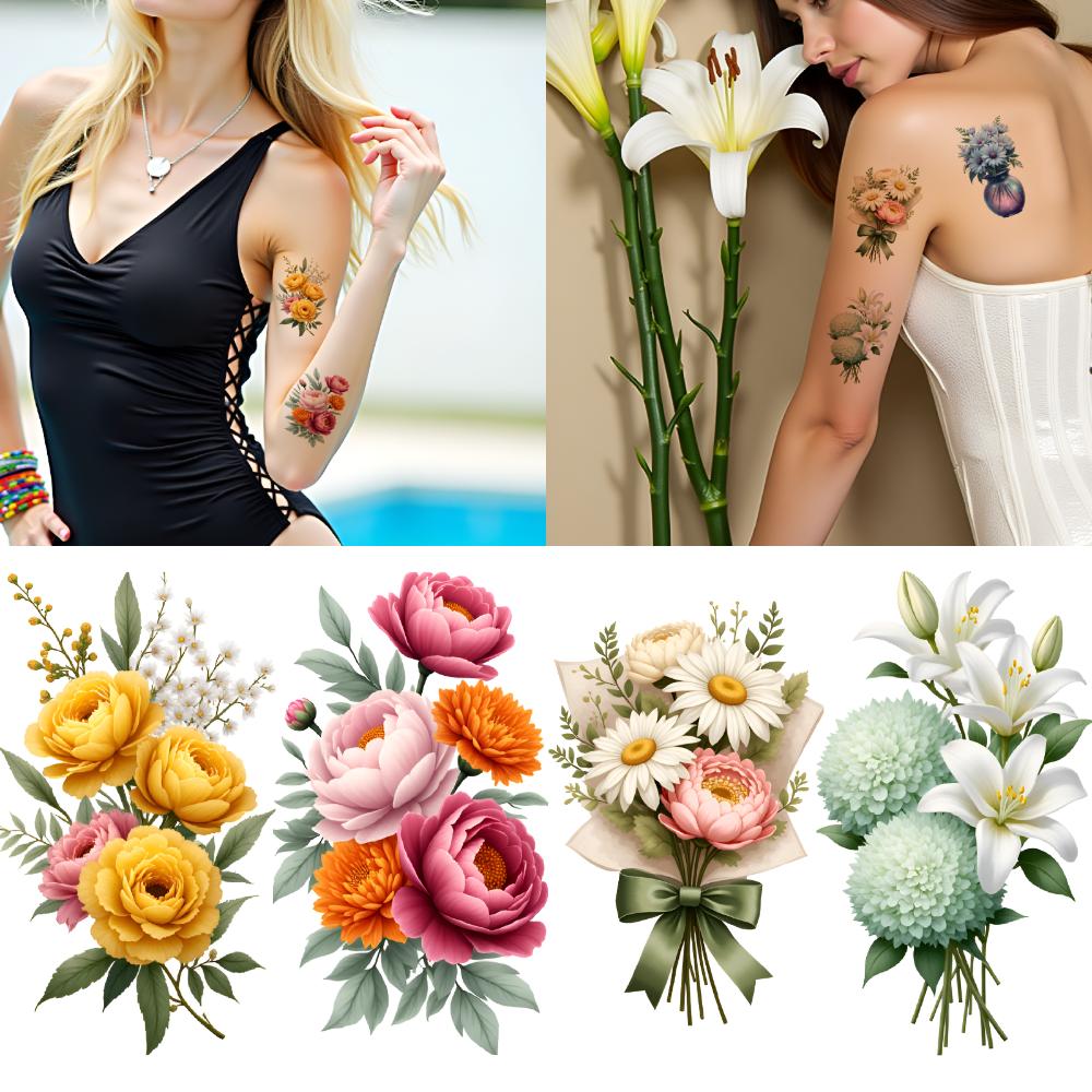 9pcs Temporary Tattoo Flower Bouquets Illustration Floral Arrangements Waterproof Long-lasting Body Stickers For Children