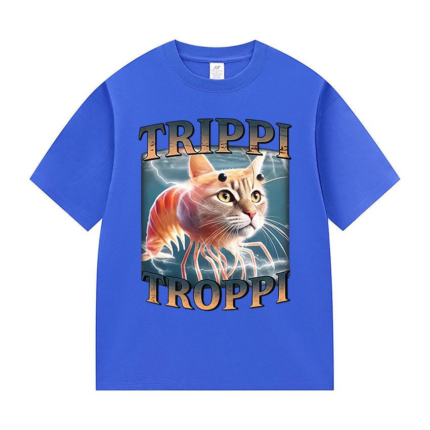 Italienischer Brainrot Trippi Troppi Katze Lustiges Meme Grafik T-Shirts Herren Damen Lässig Kurzarm T-Shirts Mode O-Ausschnitt Baumwoll-Tees