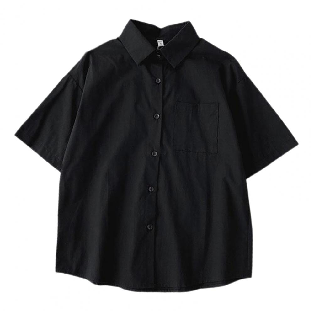 

Женская повседневная рубашка с лацканами, однобортная рубашка с коротким рукавом, топы, однотонная рубашка свободного кроя с накладным карманом M чёрный
