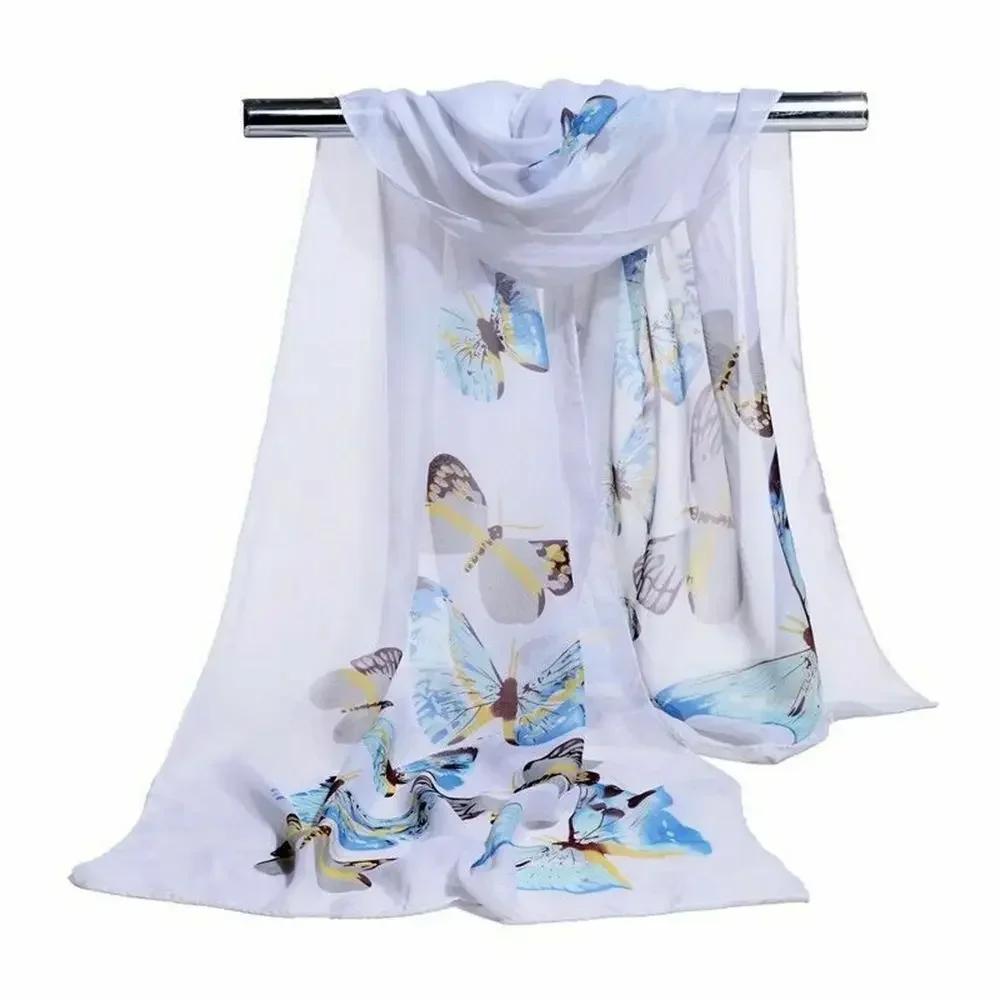 

Новые Модные Элегантные Шелковые Шарфы Женские С Принтом Бабочек и Цветов Длинный Шифоновый Шарф Мягкая Накидка Женская Шаль Модные Аксессуары белый