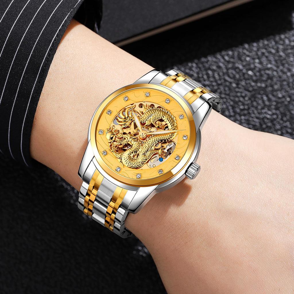 Ceasuri Dragon Aurii pentru Bărbați Ceas de Mână Impermeabil Bărbați Oțel Inoxidabil Ceas Mecanic Automat pentru Bărbați