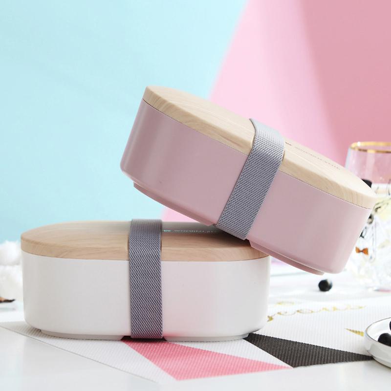 Oval Lunch Box Single-layer Food Grade PP Wood Style Lunch Case Cutlery Sealed Leak-proof Dinner Container with Spoon