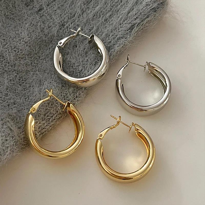 Smooth Round Chunky Hoop Earrings for Women Girls Gold Color Wide Thick Geometric Metal Statement Earrings Vintage Jewelry Gift