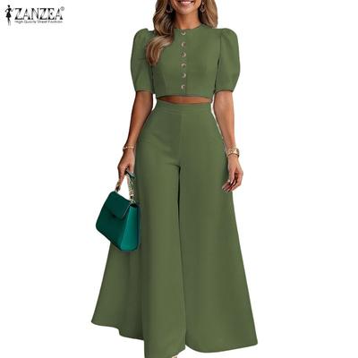 Tops Cropped de Manga Curta Femininos e Calças de Perna Larga Conjuntos de Terno Casual de Duas Peças