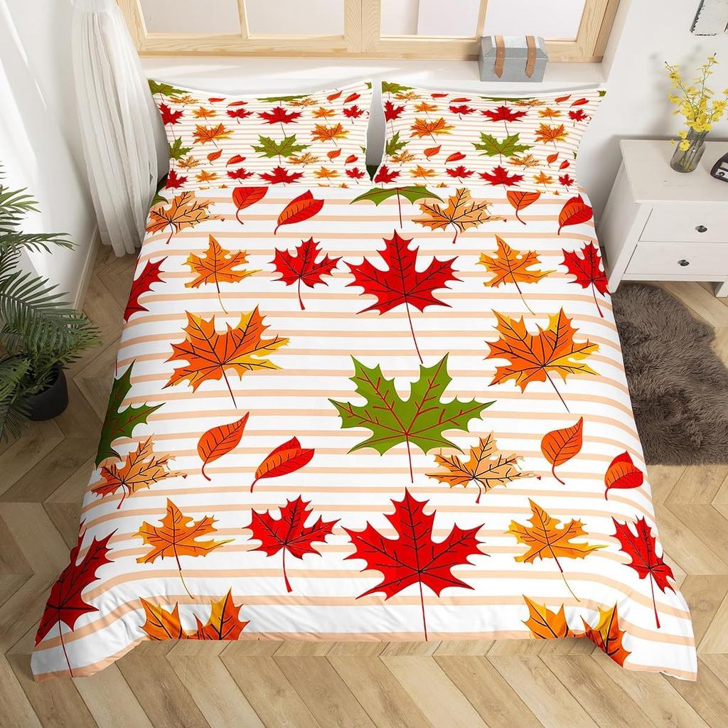 Fall Maple Leaves Duvet Cover King Autumn Harvest Theme Bedding Set Cartoon Christmas Santa Thanksgiving Pumpkin Comforter Cover