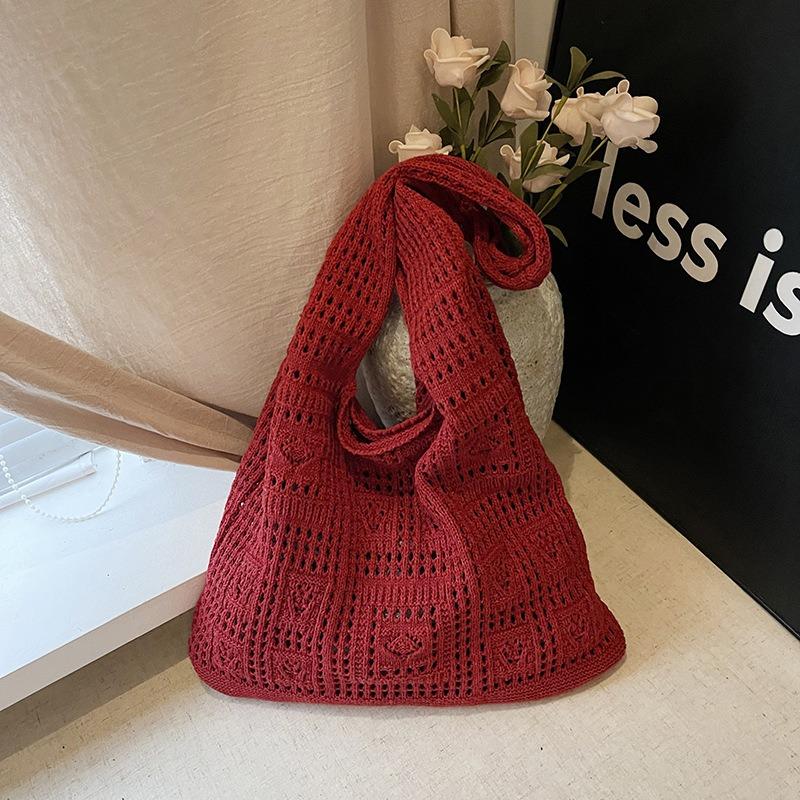 Red bag flower hollow wool lazy knitted shoulder bag women's casual large-capacity tote bag