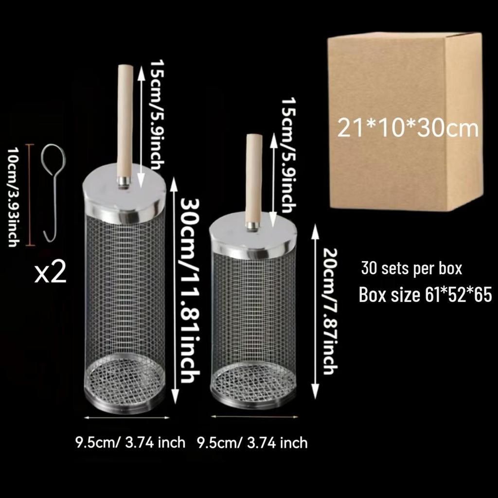 Portable Stainless Steel BBQ Basket with Wooden Handle – Round Outdoor Grilling Cage