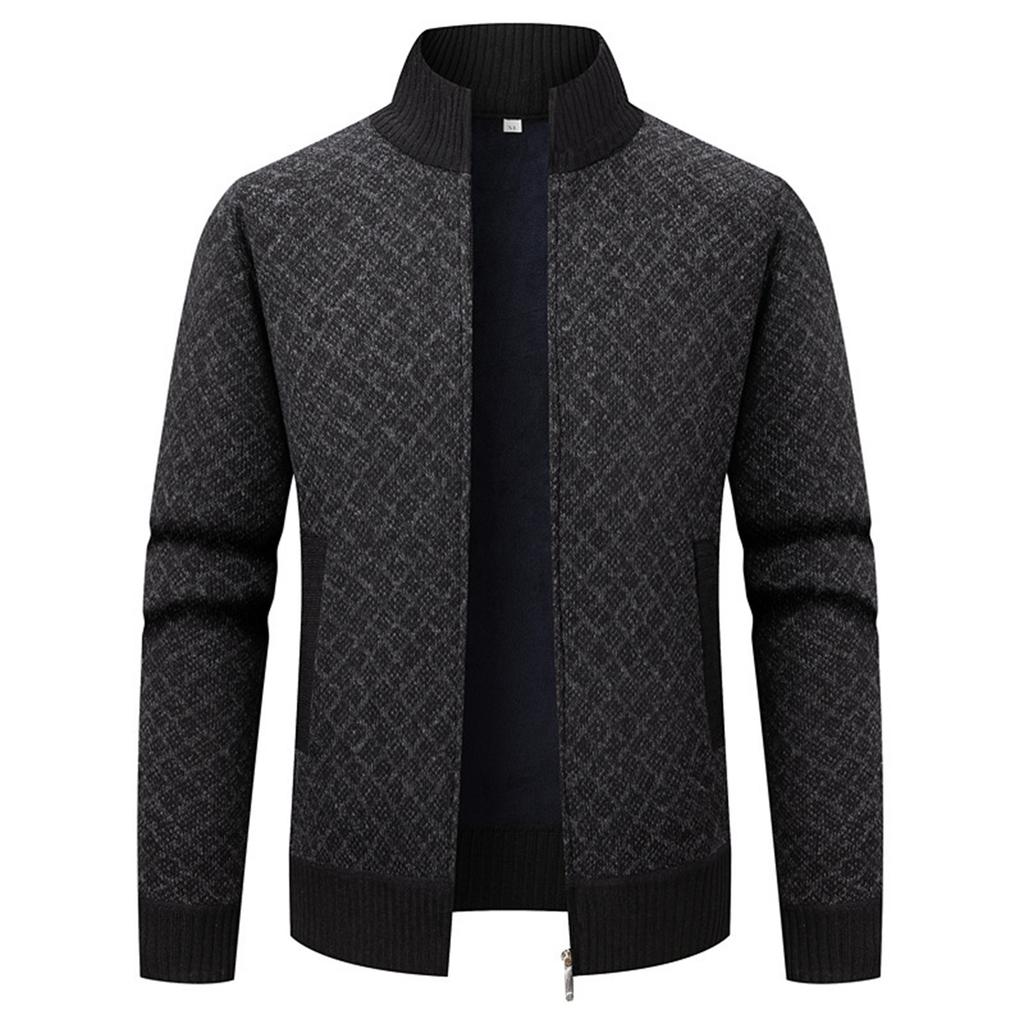 Men's Stand Collar Plus Velvet Thickened Long Sleeve Cardigan Knitted Jacket Men's Warm Sweater