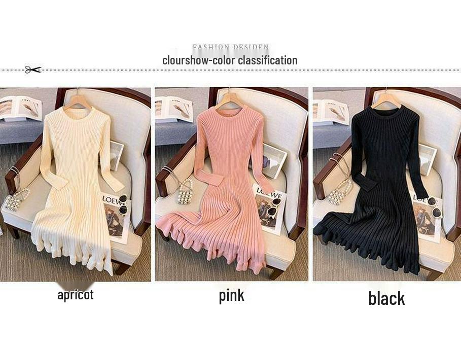 Plus Size Women's Slimming Knit Dress - Over-the-Knee French Style for Autumn/Winter, Perfect Base Layer or Coat Companion.