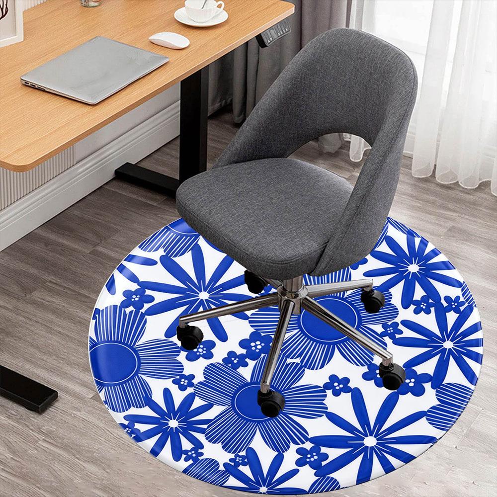 1pc Floral Pattern Blue Round Chair mat office Area Rug - Non-Slip, Floor Mat for Office, Bedroom, Ideal home decor gift p0105063