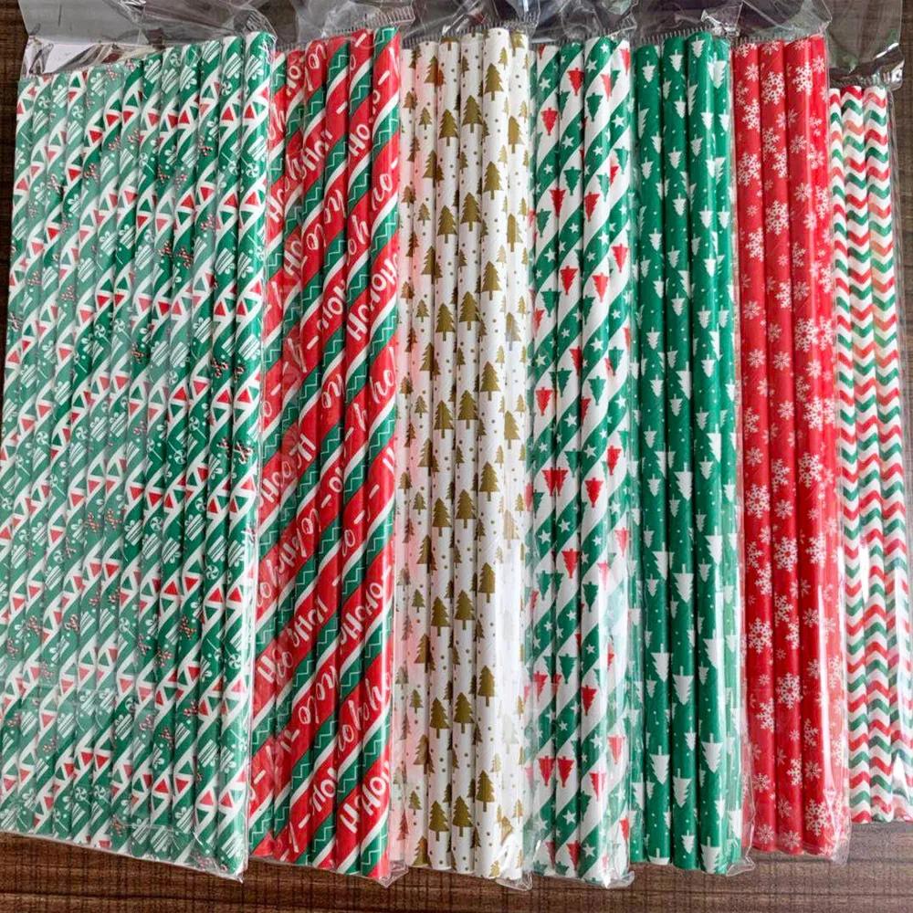 25-100Pcs Christmas Kraft Paper Straw Colorful Print Disposable Paper Drinking Straws Xmas New Year Party Home Decor Supplies