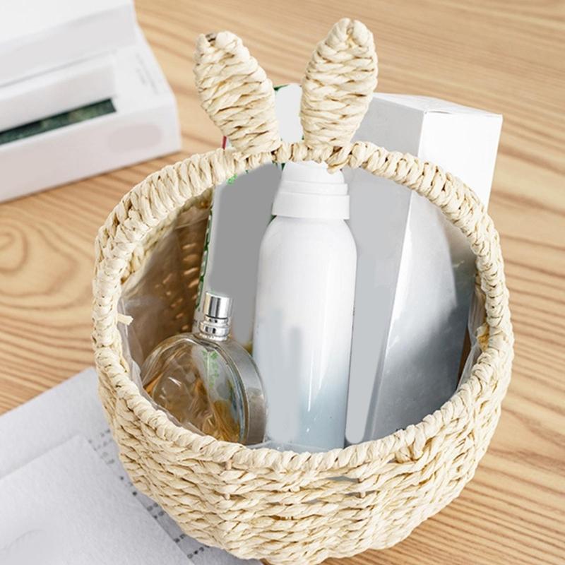 Durable Handmade Basket In Neutral Tone With Fun Rabbits Ear Detail Perfect For Fashion Home Decorations