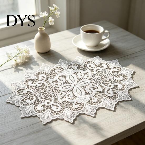 Decorative Table Covers for Weddings White Lace Doily, Elegant Retro Placemat, Embroidered Small Round Placemats Jewelry Trays Mat, Rectangular