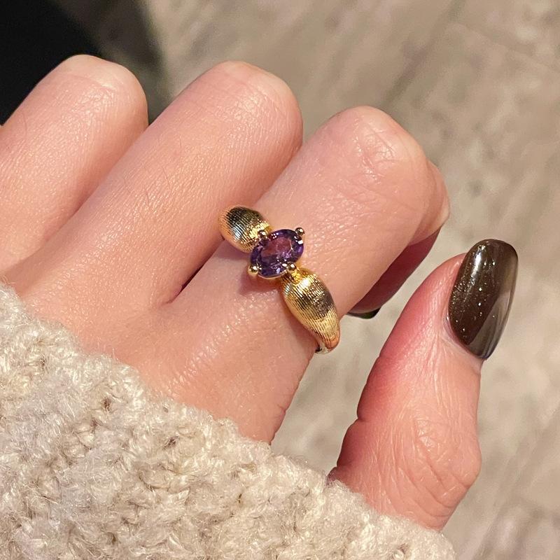 

Medieval French Retro Nine Purple Off Fire High-End Purple Zir*****Pen Ring Wheat Ear Flower Accessories Women Adjustable opening
