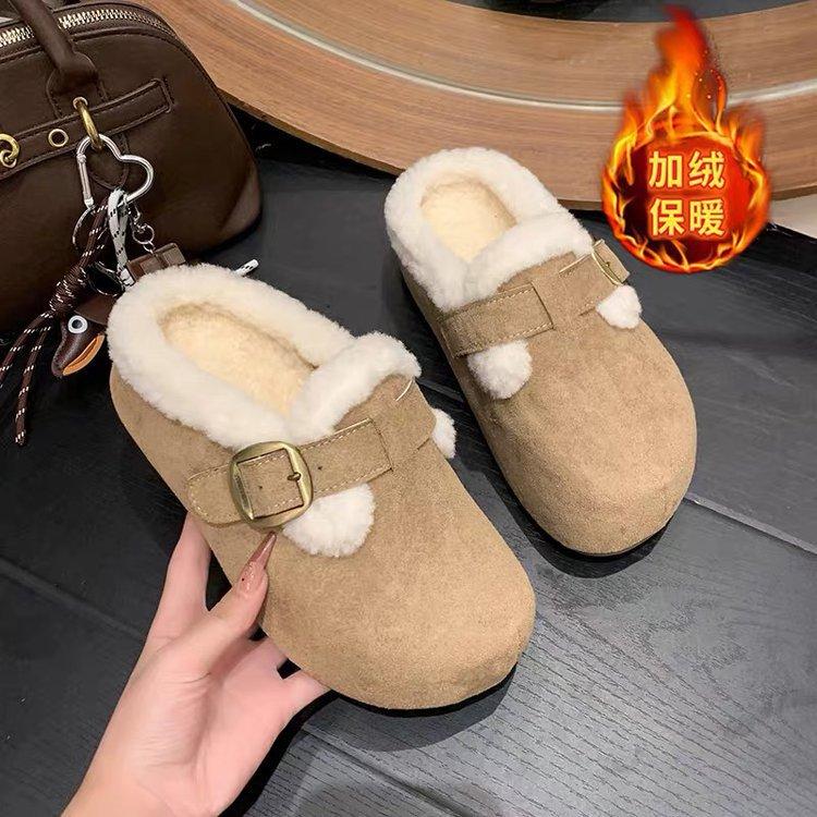 Бархатные полутапочки с толстой подошвой новые осенне-зимние меховые Birkenstocks ленивые теплые хлопковые тапочки 40 хаки 2960₽