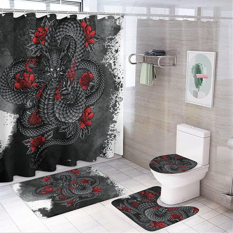 Cool Black and White Dragon and Tiger 4 Pieces Shower Curtain Set,Metaphysical Sky Dragon and Tiger Yin Yang Non-Slip Rugs Toilet Lid Cover Bath Mat