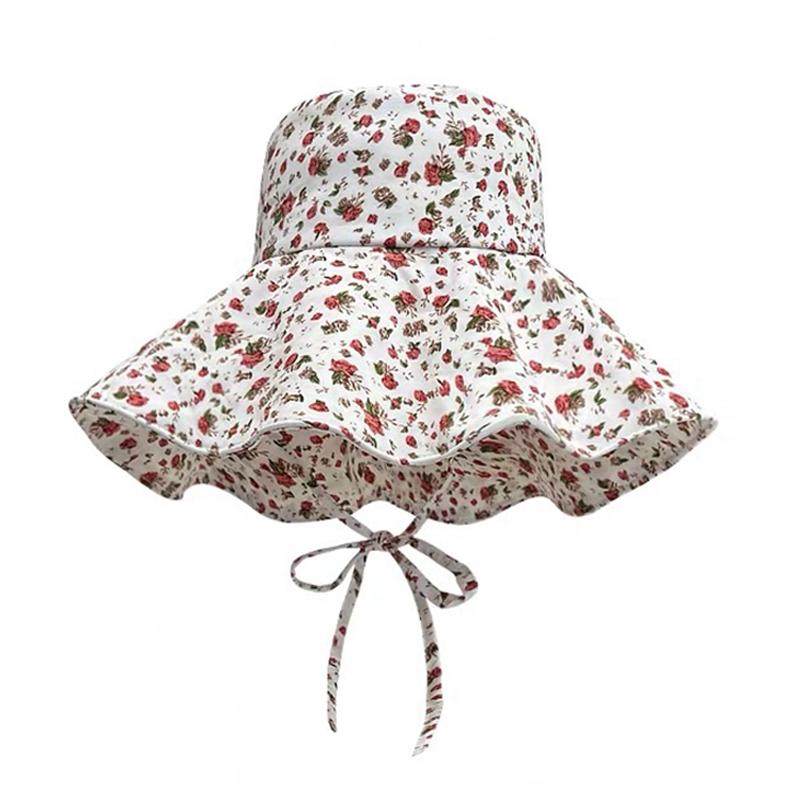 

Sweet Rose Print Bucket Hat for Women Summer Large Brim Sunshade Lace-up Dome Basin Cap Girls Travel Outdoor Fisherman Hat бежевый