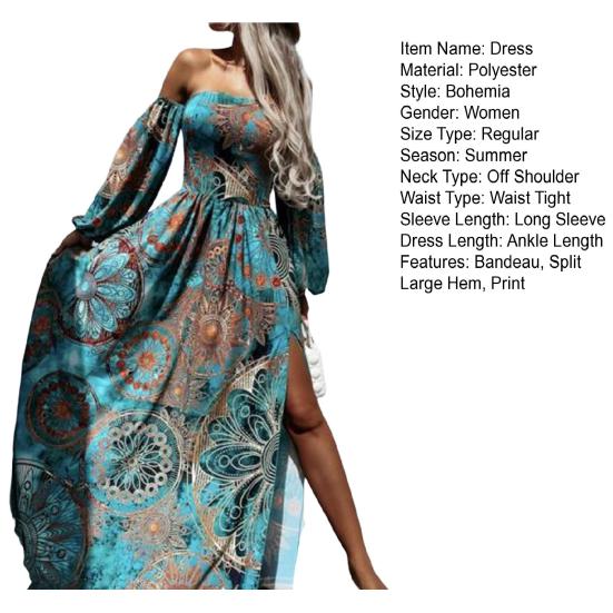 Lantern Long Sleeve Waist Tight Split Large Hem Maxi Dress Bohemia Print