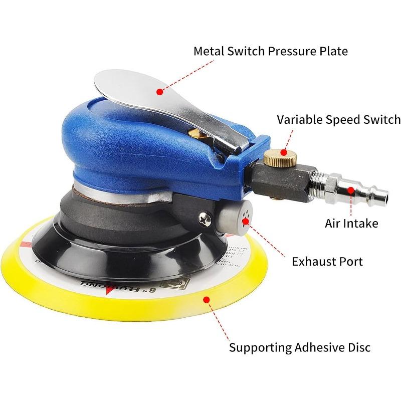 Air Random Orbital Sander with Pad 5"(125mm), 10000RPM Dual Action Pneumatic Palm Sander with Speed Regulation, Air Powered and Swirl Free,