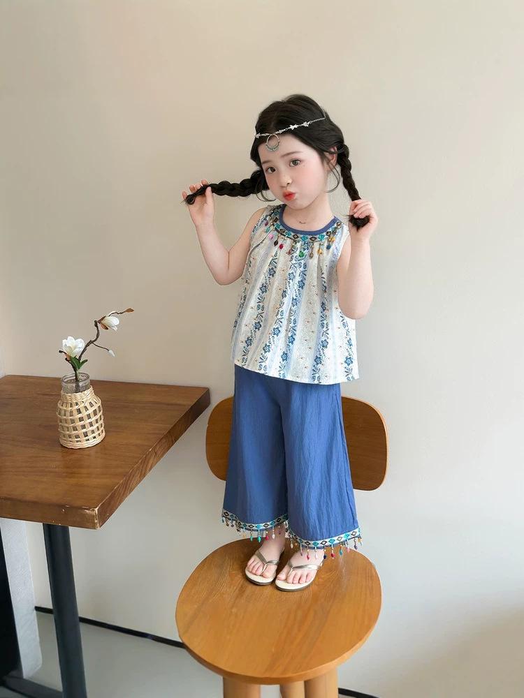 2026 Bohemian Summer Outfit for Girls: Sleeveless Vest & Wide-Leg Pants Set (Small/Medium)