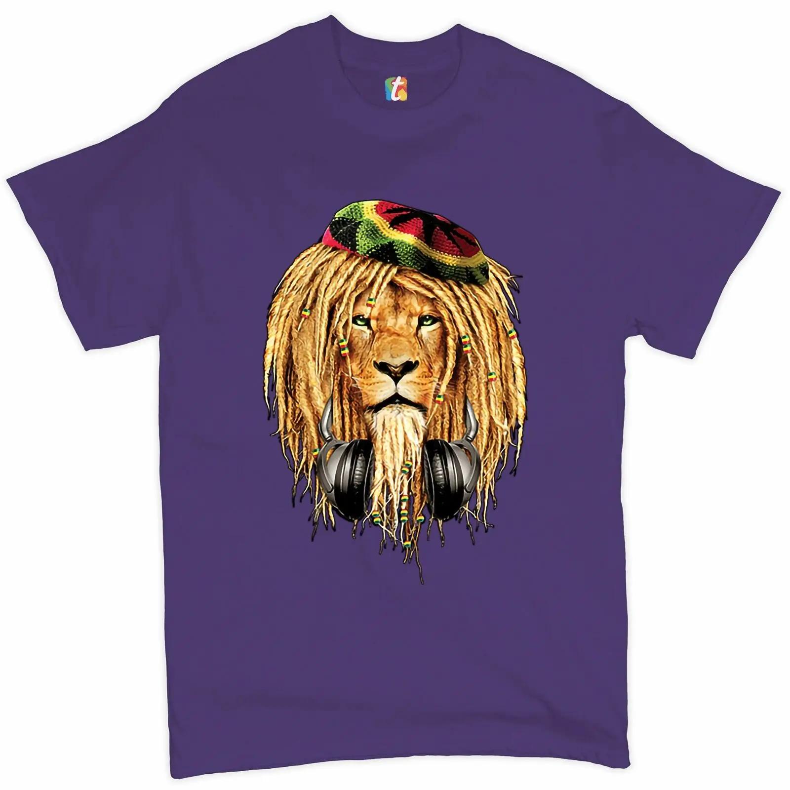 Royal Lion with Headphones Jamaican Reggae Music Lovers T-Shirt 100% Cotton O-Neck Short Sleeve Casual Mens T-shirt Size S-3XL 3XL