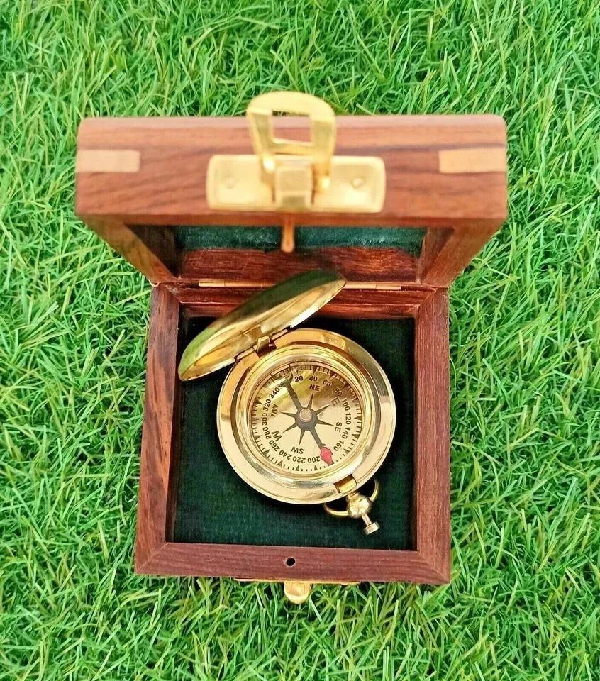 Antique Brass Compass Push Button Pocket Compass With Wooden Box Vintage Gift