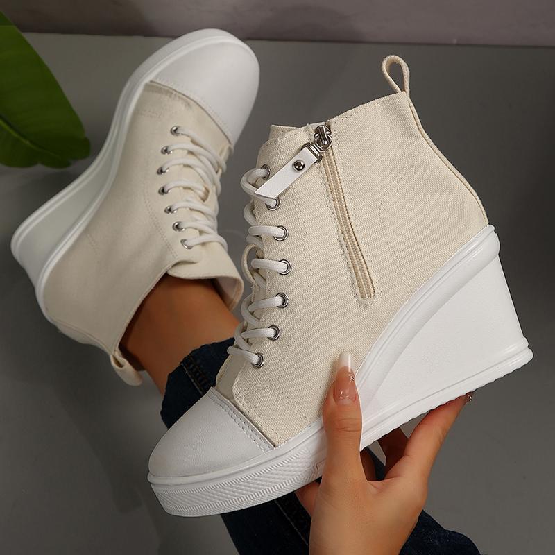 Fashion Lightweight Wedge Sneakers for Women Fashion Platform High Top Canvas Shoes Woman Zipper Lace Up Casual Walking Shoes Plus Size