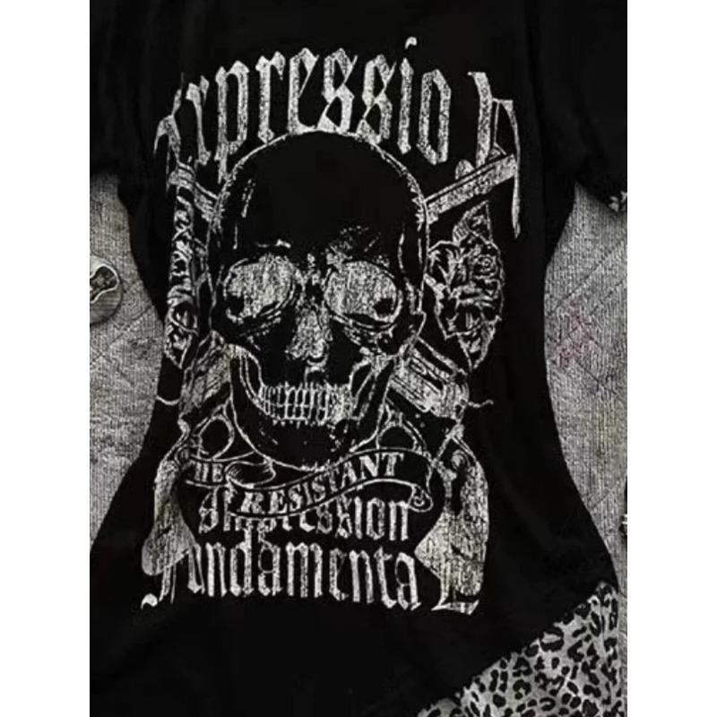 TrendHub Y2k Aesthetics Irregular Leopard Patchwork Vintage T-shirt Streetwear Skull Printing Tshirt Harajuku Slim Fit Fairy Grunge Tops