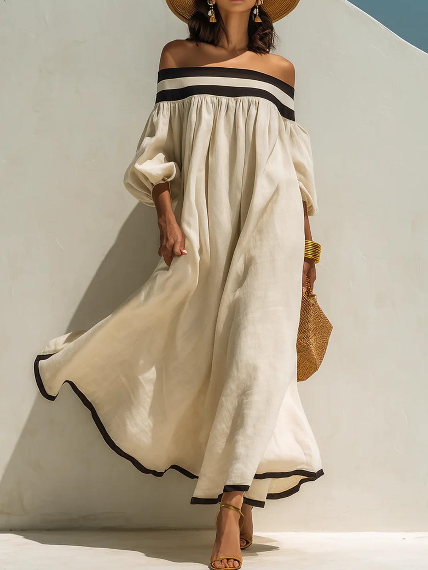 Fashionable vintage elegance vacation off-shoulder cotton-linen long dress for women, new summer off-shoulder off-shoulder dress S
