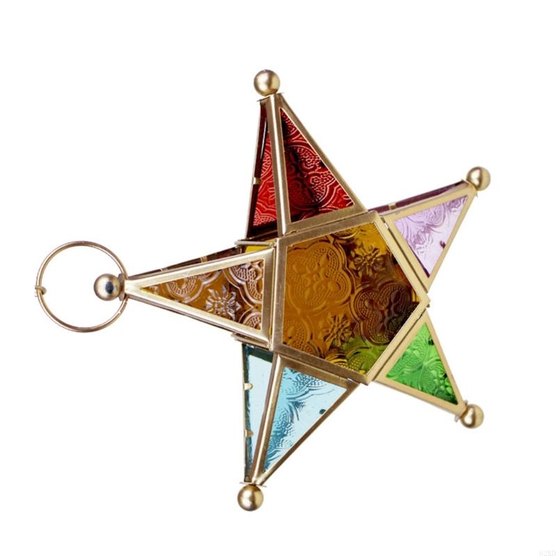 62KD Wind Resistant Tealight Lanterns Holder Colored Glass Panel and Iron Frame Moroccans Lamp Stand for Patios Garden Decors
