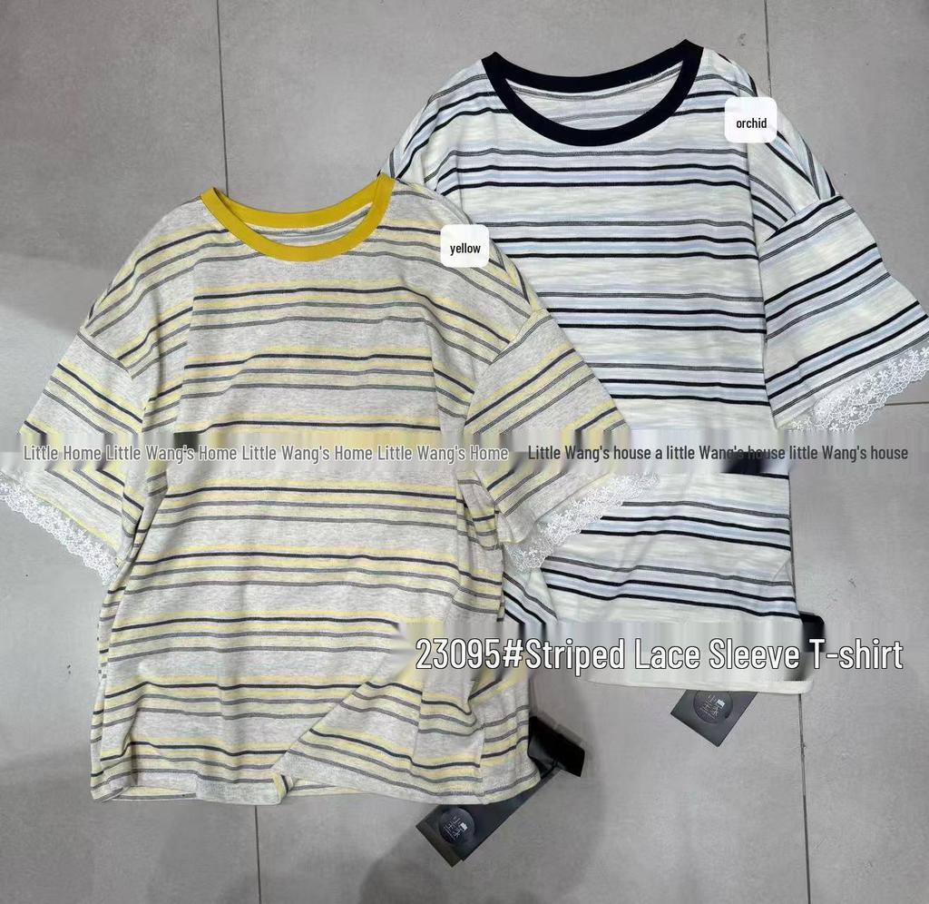 Xiao Wang's Summer Stripe Lace-Trim Loose Fit Plus Size T-Shirt