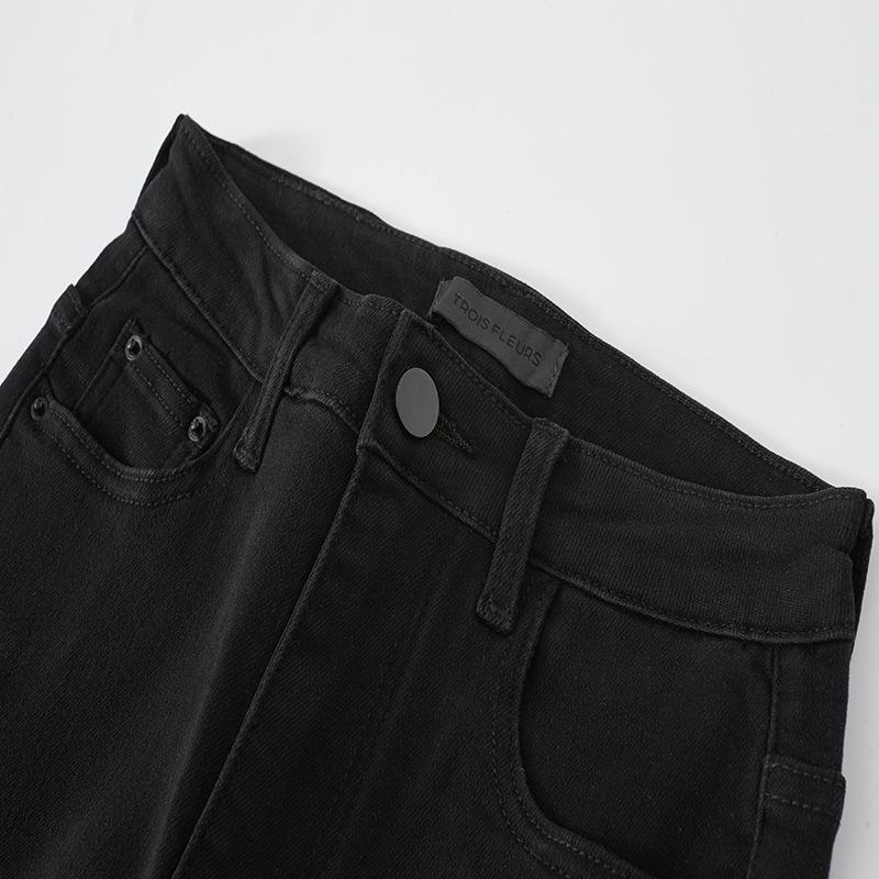 Women's Black Denim Slim Fit Jeans - Spring/Autumn 2026, Stretchy Straight Leg, Nine-Tenths Length