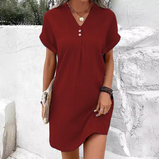Summer Women Dress V Neck Button Short Sleeves Loose Solid Color Pullover Casual Daily Wear Dating Mini Dress