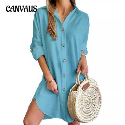 Abito camicia casual da donna a maniche lunghe con risvolto e bottoni per primavera e autunno